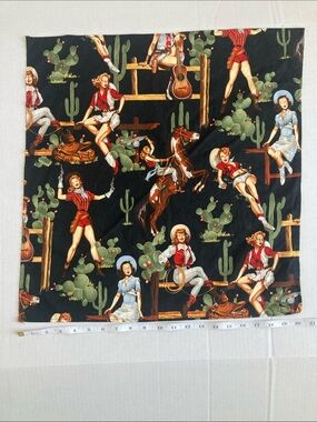 Cowgirl Pinup Print Cotton Bandanna Panel in Black, Red & Green